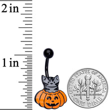 Load image into Gallery viewer, Black Gem Black Cat Surprise Pumpkin Halloween Belly Ring
