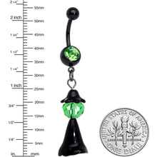Load image into Gallery viewer, Green Gem Black Spooky Witch Halloween Dangle Belly Ring
