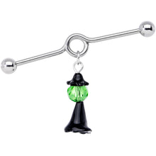 Load image into Gallery viewer, 14G Green Gem Spooky Witch Halloween Dangle Project Bar 38mm
