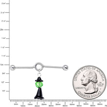 Load image into Gallery viewer, 14G Green Gem Spooky Witch Halloween Dangle Project Bar 38mm

