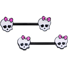 Load image into Gallery viewer, 14G 9/16 Aurora Gem Black Kawaii Skull Barbell Nipple Ring Set

