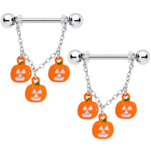 Load image into Gallery viewer, 14G 9/16 Pumpkin Halloween Chain Dangle Nipple Ring Set
