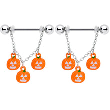 Load image into Gallery viewer, 14G 9/16 Pumpkin Halloween Chain Dangle Nipple Ring Set
