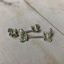 Load image into Gallery viewer, 14G 9/16 Green Gem Lacy Butterfly Barbell Nipple Ring Set

