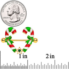 Load image into Gallery viewer, 14G 5/8 Green Gem Gold Tone Candy Cane Christmas Nipple Ring Set
