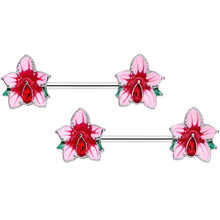 Load image into Gallery viewer, 14G 9/16 Red Gem Exotic Flower Barbell Nipple Ring Set
