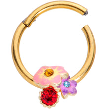 Load image into Gallery viewer, 16G 3/8 Red Blue Gem Gold Tone Multi Flower Hinged Segment Ring
