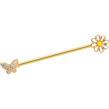 Load image into Gallery viewer, 14G Clear Gem Gold Tone Butterfly Daisy `Industrial Barbell 38mm

