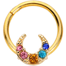 Load image into Gallery viewer, 16G 3/8 Rainbow Gem Gold Tone Crescent Moon Hinged Segment Ring

