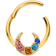 Load image into Gallery viewer, 16G 3/8 Rainbow Gem Gold Tone Crescent Moon Hinged Segment Ring
