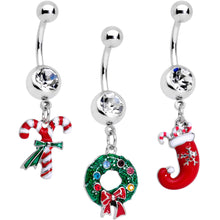 Load image into Gallery viewer, Clear Gem Wreath Stocking Candy Cane Christmas Belly Ring Set of 3
