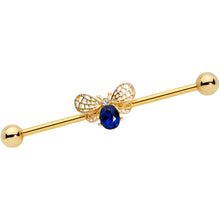 Load image into Gallery viewer, 14G Blue Gem Gold Tone Beautiful Bee Industrial Barbell 38mm
