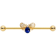 Load image into Gallery viewer, 14G Blue Gem Gold Tone Beautiful Bee Industrial Barbell 38mm

