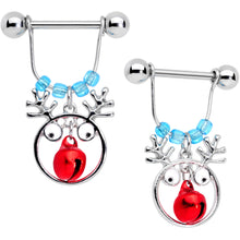 Load image into Gallery viewer, 14G 9/16 Blue Red Bell Reindeer Christmas Dangle Nipple Ring Set
