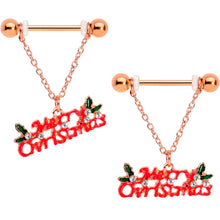 Load image into Gallery viewer, 14G 11/16 Clear Gem Rose Gold Hue Merry Christmas Nipple Ring Set
