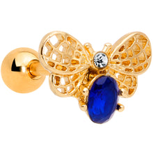 Load image into Gallery viewer, 16G 1/4 Blue Gem Gold Tone Beautiful Bee Cartilage Tragus Earring
