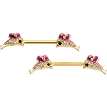 Load image into Gallery viewer, 14G 9/16 Clear Purple Gem Gold Hue Dainty Dolphin Nipple Ring Set
