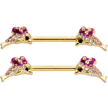 Load image into Gallery viewer, 14G 9/16 Clear Purple Gem Gold Hue Dainty Dolphin Nipple Ring Set
