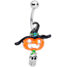 Load image into Gallery viewer, Witch Hat Pumpkin Tiny Ghost Halloween Belly Ring
