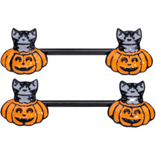 Load image into Gallery viewer, 14G 9/16 Black Cat Surprise Pumpkin Halloween Nipple Ring Set
