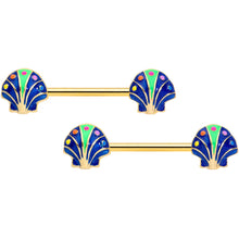 Load image into Gallery viewer, 14G 9/16 Gold Tone Blue Shells Barbell Nipple Ring Set
