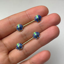 Load image into Gallery viewer, 14G 9/16 Gold Tone Blue Shells Barbell Nipple Ring Set
