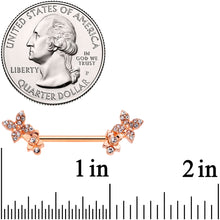 Load image into Gallery viewer, 14G 9/16 Clear Gem Rose Gold Tone Butterfly Duo Nipple Ring Set
