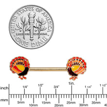 Load image into Gallery viewer, 14G 9/16 Gold Tone Turkey Thanksgiving Barbell Nipple Rings

