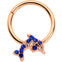 Load image into Gallery viewer, 16G 3/8 Blue Gem Rose Gold Tone Dolphin Hinged Segment Ring
