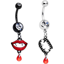 Load image into Gallery viewer, Clear Red Gem Black Vampire Fang Halloween Dangle Belly Ring Set of 2
