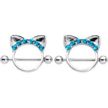 Load image into Gallery viewer, 14G 9/16 Aqua Gem Kitty Cat Ears Nipple Shield Set
