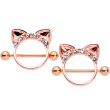 Load image into Gallery viewer, 14G 9/16 Clear Gem Rose Gold Hue Kitty Cat Ears Nipple Shield Set
