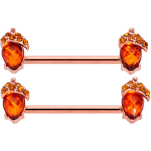 Load image into Gallery viewer, 14G 5/8 Brown Gem Rose Gold Tone Autumn Acorn Nipple Ring Set
