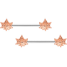 Load image into Gallery viewer, 14G 5/8 Rose Gold Tone Pot Leaf Barbell Nipple Ring Set
