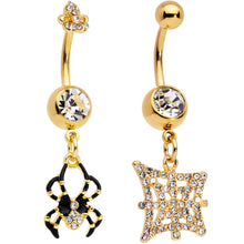 Load image into Gallery viewer, Clear Gem Gold Tone Spider Web Halloween Dangle Belly Ring Set of 2
