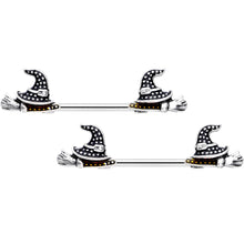 Load image into Gallery viewer, 14G 9/16 Yellow Gem Witch Hat Broom Halloween Nipple Ring Set
