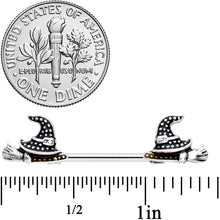 Load image into Gallery viewer, 14G 9/16 Yellow Gem Witch Hat Broom Halloween Nipple Ring Set
