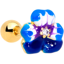 Load image into Gallery viewer, 16G 1/4 Clear CZ Gem Gold Tone Blue Flower Cartilage Tragus
