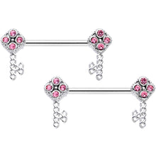 Load image into Gallery viewer, 14G 9/16 Pink Gem Open Key Barbell Nipple Ring Set
