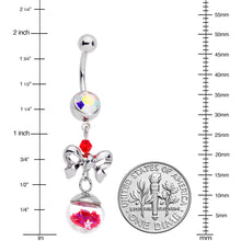 Load image into Gallery viewer, Aurora Red Gem Snow Globe Bow Christmas Dangle Belly Ring
