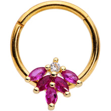 Load image into Gallery viewer, 16G 3/8 Dark Red Gem Gold Tone Autumn Leaves Hinged Segment Ring

