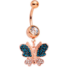 Load image into Gallery viewer, Clear Aqua Gems Rose Gold Tone Glam Butterfly Dangle Belly Ring
