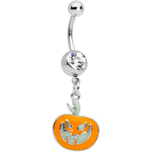 Load image into Gallery viewer, Clear Gem Fierce Pumpkin Jack O Lantern Halloween Dangle Belly Ring
