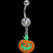 Load image into Gallery viewer, Clear Gem Fierce Pumpkin Jack O Lantern Halloween Dangle Belly Ring
