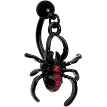 Load image into Gallery viewer, Red Gem Black Widow Spider Halloween Dangle Top Mount Belly Ring
