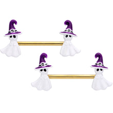 Load image into Gallery viewer, 14G 9/16 Gold Tone Ghost Witch Halloween Barbell Nipple Ring Set
