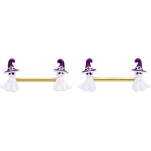 Load image into Gallery viewer, 14G 9/16 Gold Tone Ghost Witch Halloween Barbell Nipple Ring Set
