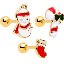 Load image into Gallery viewer, 16G 1/4 Gold Tone Snowman Christmas Cartilage Tragus Set of 3
