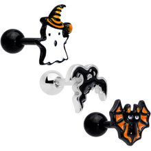 Load image into Gallery viewer, 16G 1/4 Black Ghosts Hat Bat Halloween Cartilage Tragus Set of 3
