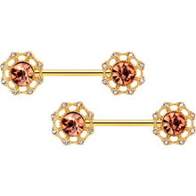 Load image into Gallery viewer, 14G 9/16 Clear Pink CZ Gem Gold Tone Sunburst Nipple Ring Set
